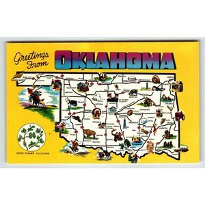 Postcard Greetings From Oklahoma Map Chrome State Flower Mistletoe Unused